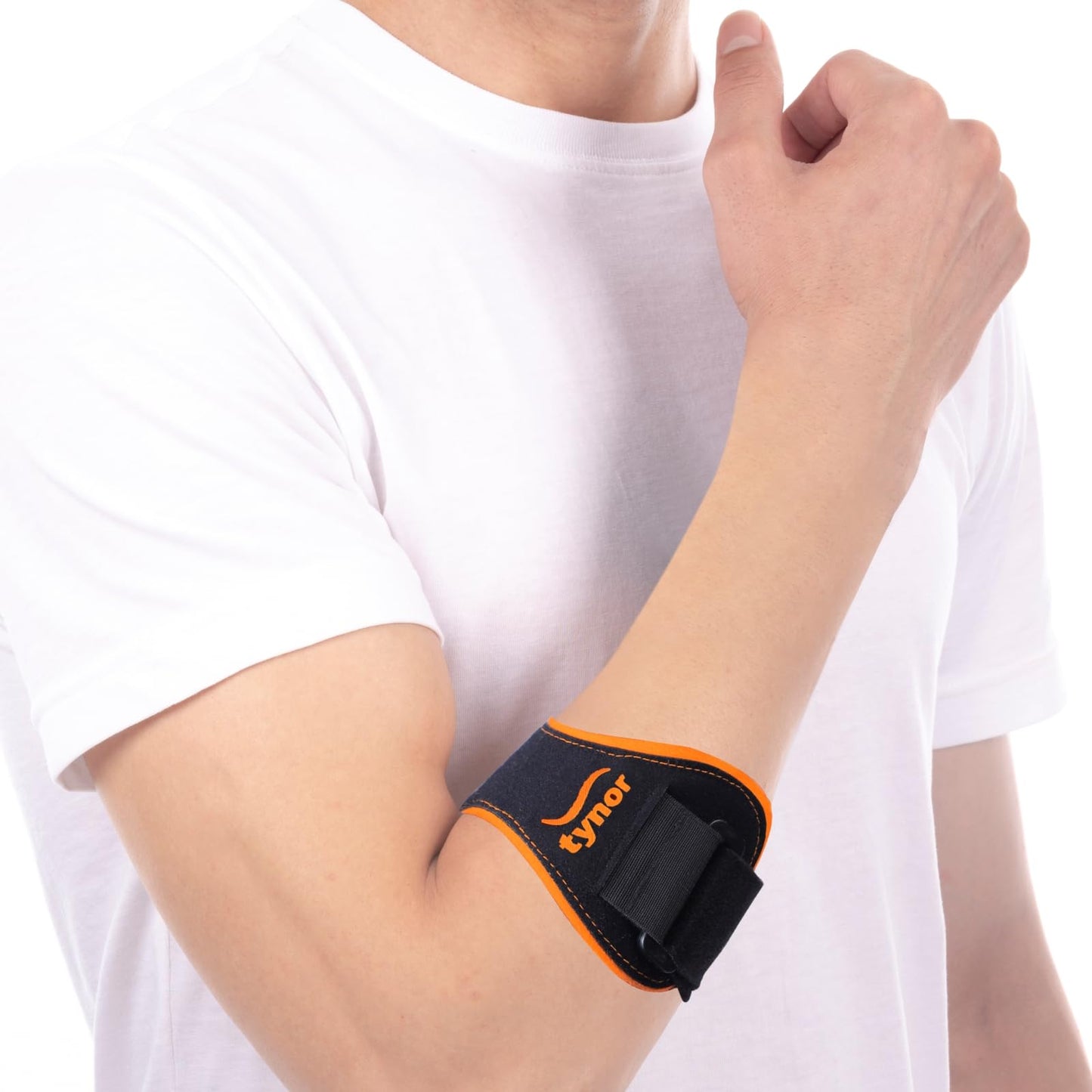 TYNOR Tennis Elbow Support Pro for Men & Women, Tennis & Golfer's Adjustable Elbow Strap with Compression Pad Elbow Arm Band for Tendonitis Forearm Brace Straps Universal, Black & Orange, 1 Unit 