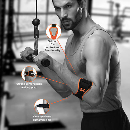 TYNOR Tennis Elbow Support Pro for Men & Women, Tennis & Golfer's Adjustable Elbow Strap with Compression Pad Elbow Arm Band for Tendonitis Forearm Brace Straps Universal, Black & Orange, 1 Unit 