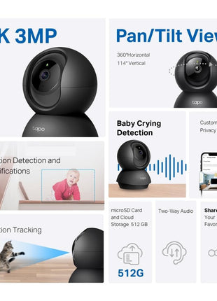 Tapo 2K 3MP Pan/Tilt Indoor Wireless Security Camera for Baby Monitor,Pet Camera|Motion Detection & Tracking|2-Way Audio|Cloud & SD Card Storage|Works w/Alexa & Google Home|Black C211 