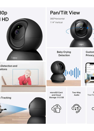 Tapo C201 360° 2MP 1080p Full HD Pan/Tilt Home Security Wi-Fi Smart Camera| Alexa Enabled| 2-Way Audio| Night Vision| Motion Detection| Sound and Light Alarm| Indoor CCTV Black 