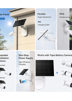 Tapo Solar Panel, Flexibly Installed and Angle Adjustment, High-Efficiency 45min Solar Charging for Full Day Usage, IP65 Weatherproof, Works with All Battery-Powered Cameras (Tapo A201) 