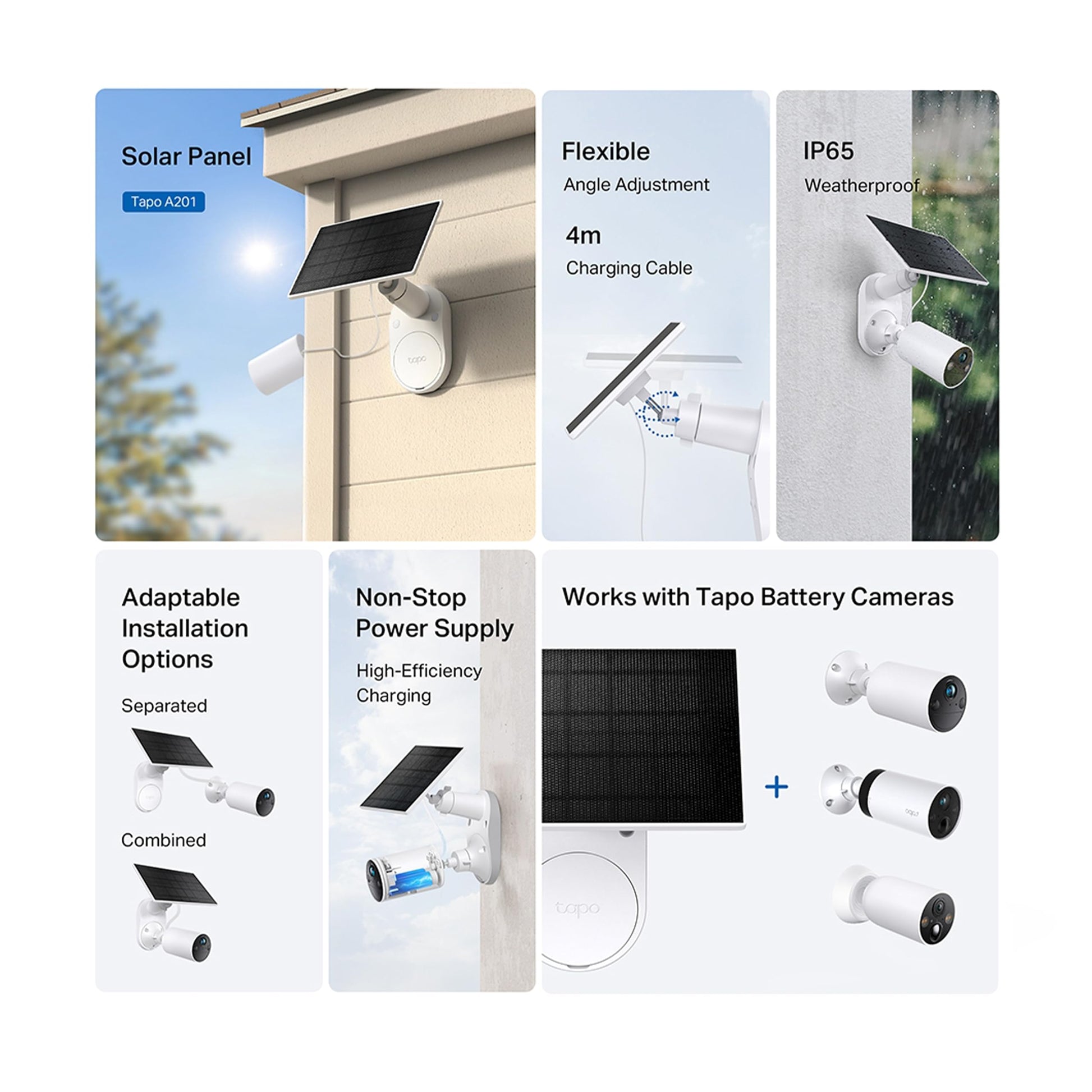 Tapo Solar Panel, Flexibly Installed and Angle Adjustment, High-Efficiency 45min Solar Charging for Full Day Usage, IP65 Weatherproof, Works with All Battery-Powered Cameras (Tapo A201) 