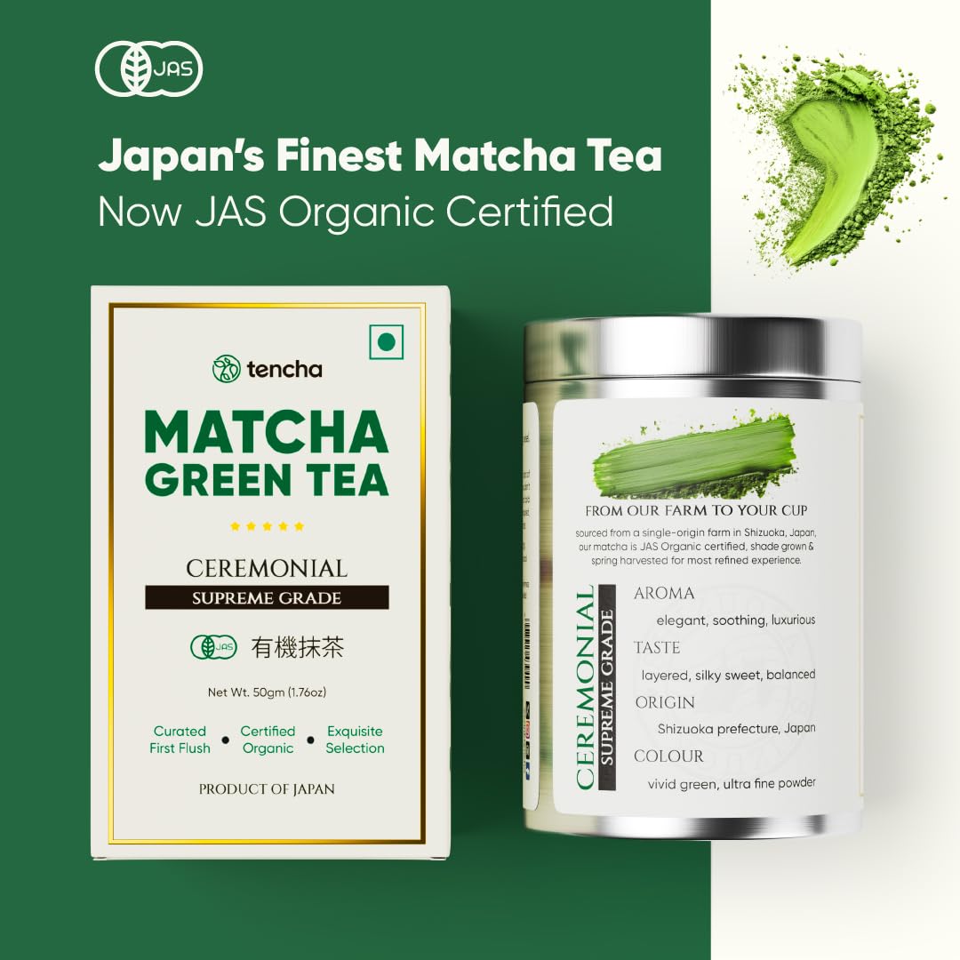 Tencha- Ceremonial Supreme Grade Matcha Tea | JAS Certified Organic | 100% Pure Supreme Grade | Japanese Matcha Green Tea Powder | Smooth and Sweet Flavour | Vegan | 50gms 