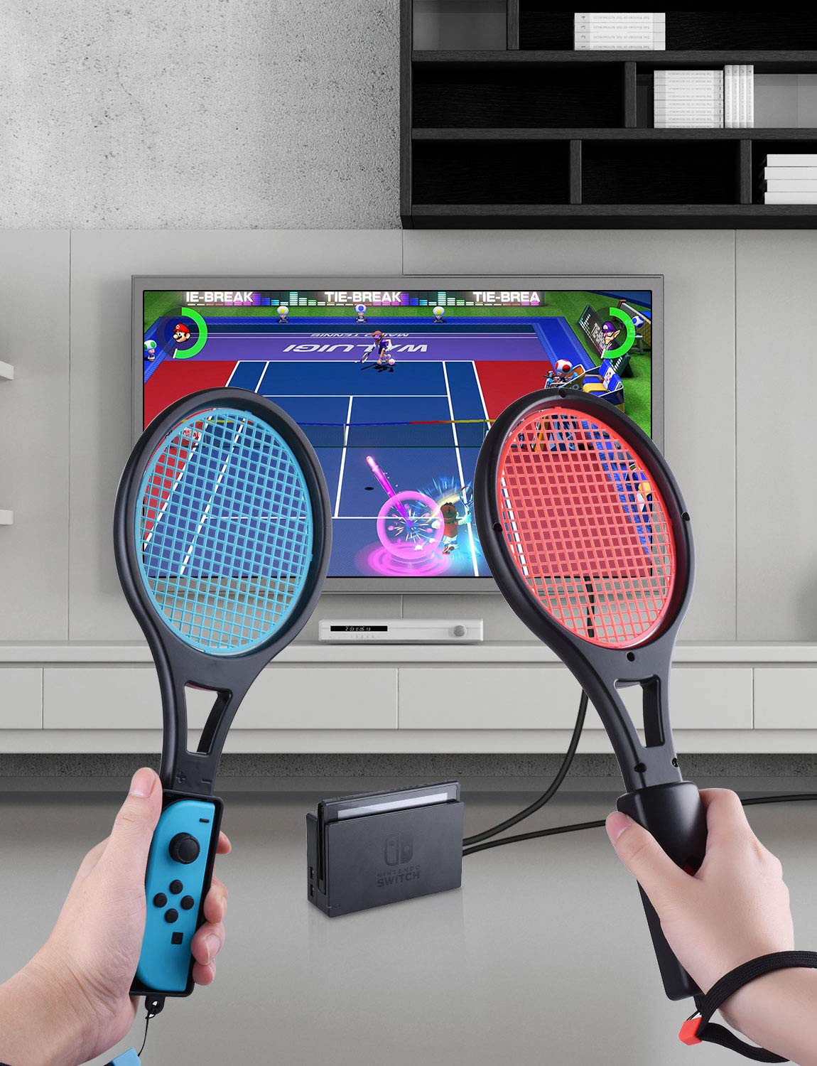 Tendak Tennis Racket for Nintendo Switch Joy-Con, Tendak Game Accessories for Mario Tennis Aces Game with 12 in 1 Game Card Case (2 Pack, Black) 