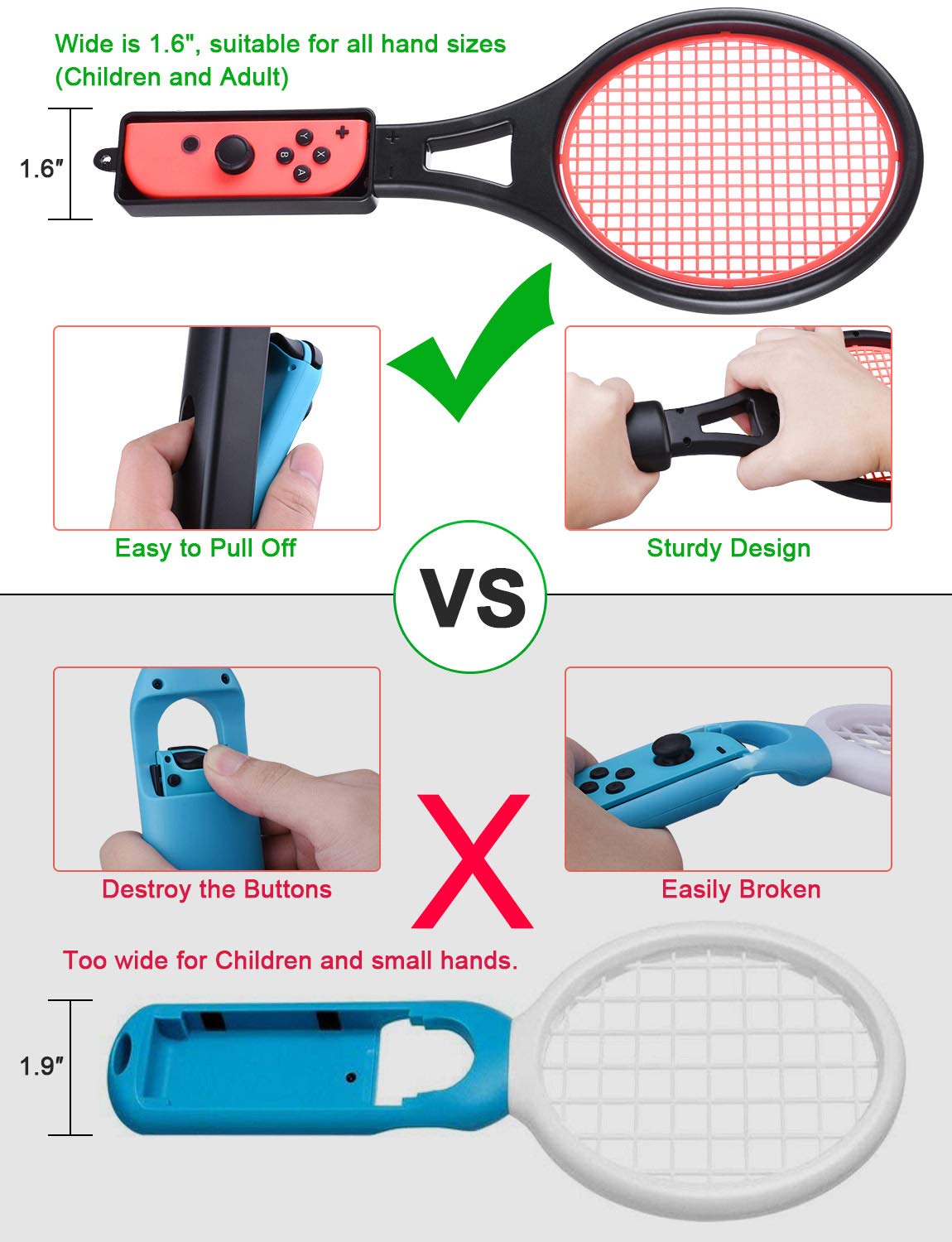 Tendak Tennis Racket for Nintendo Switch Joy-Con, Tendak Game Accessories for Mario Tennis Aces Game with 12 in 1 Game Card Case (2 Pack, Black) 