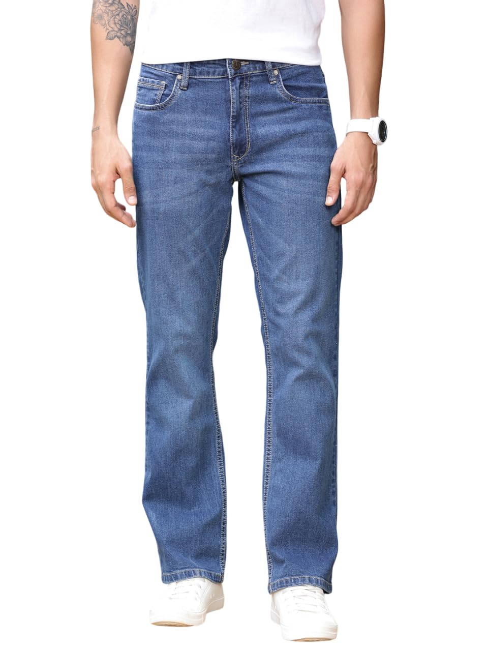 Thomas Scott Men's Mid-Rise Clean Look Boot Cut Jeans (TSJ217_Mid Indigo, 32) 