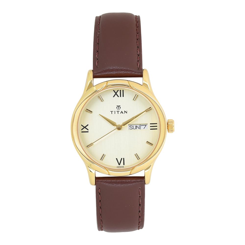Titan Champagne Dial Analog with Day and Date Leather Strap watch for Men-NS1580YL05 