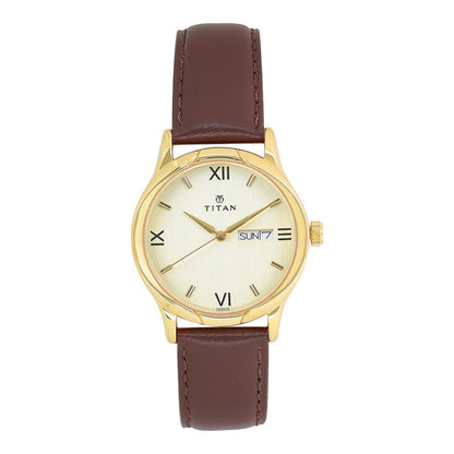 Titan Champagne Dial Analog with Day and Date Leather Strap watch for Men-NS1580YL05 
