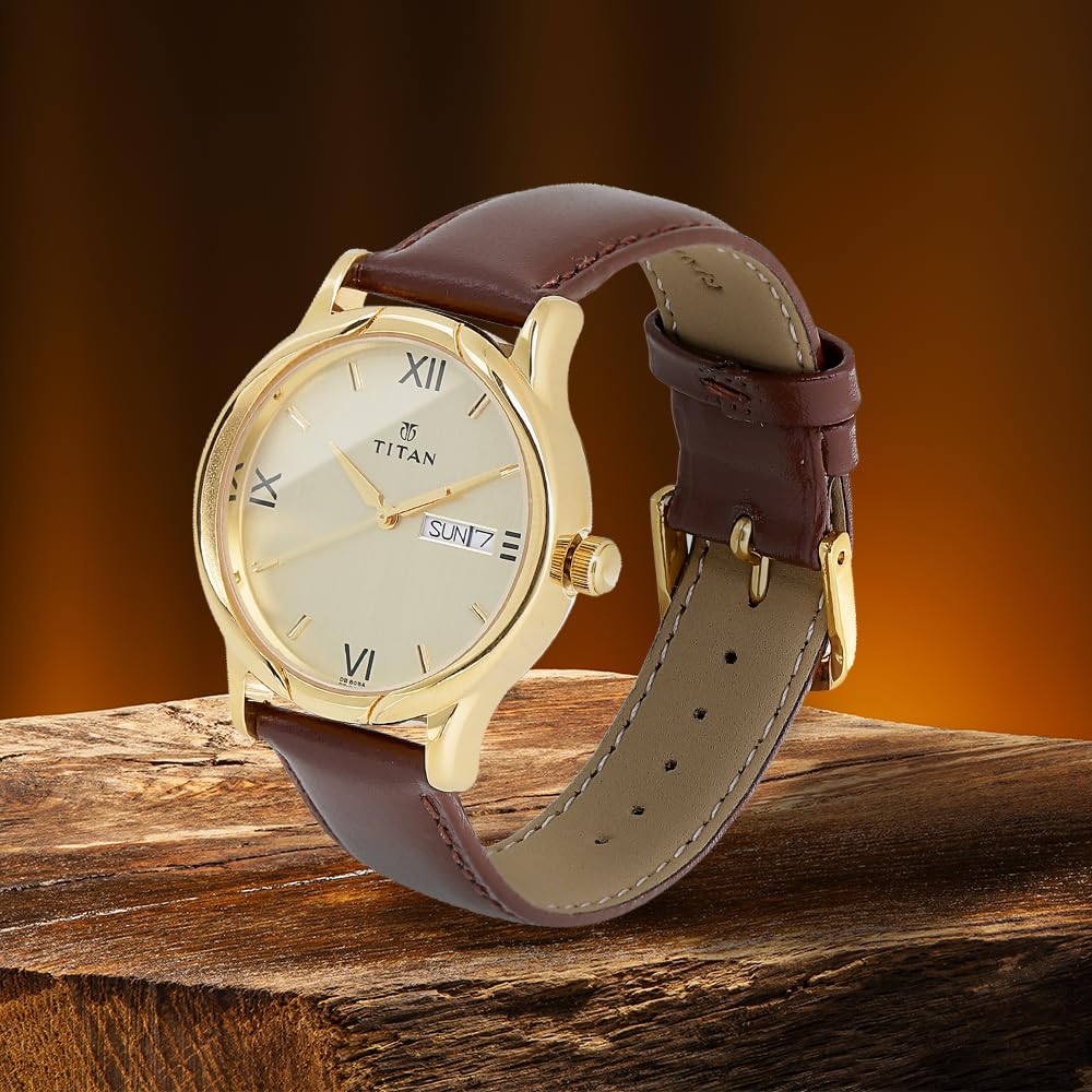 Titan Champagne Dial Analog with Day and Date Leather Strap watch for Men-NS1580YL05 