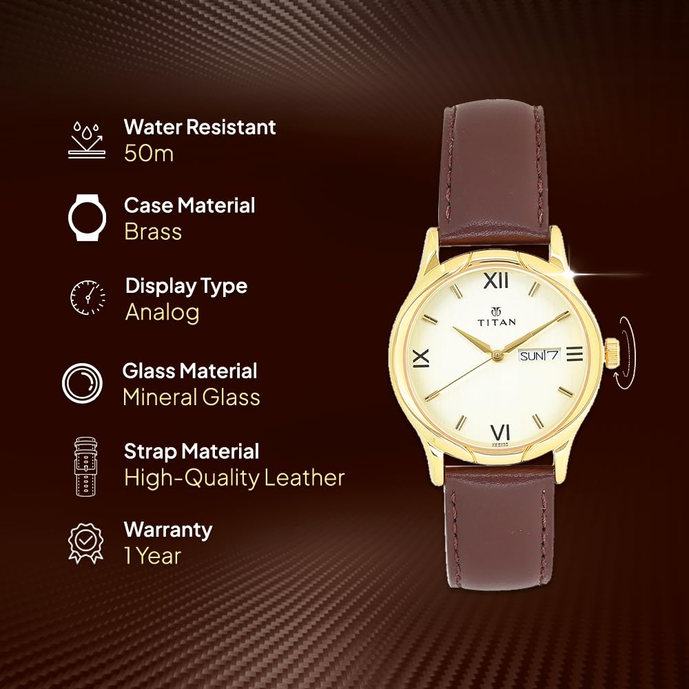 Titan Champagne Dial Analog with Day and Date Leather Strap watch for Men-NS1580YL05 