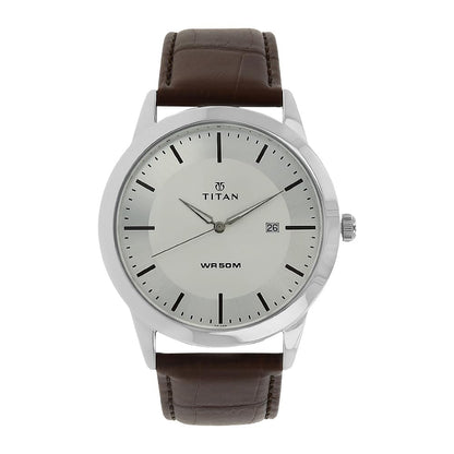 Titan Classic Silver Dial Analog with Date Leather Strap watch for Men-NS1584SL03 