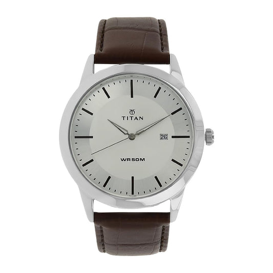 Titan Classic Silver Dial Analog with Date Leather Strap watch for Men-NS1584SL03 