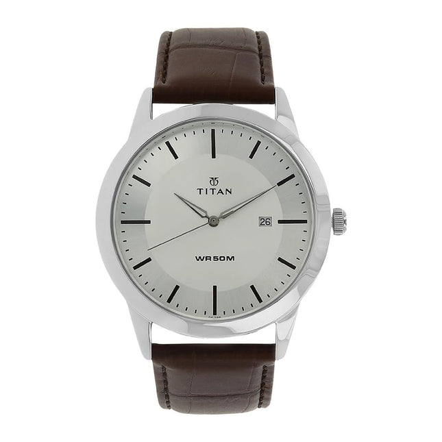 Titan Classic Silver Dial Analog with Date Leather Strap watch for Men-NS1584SL03 