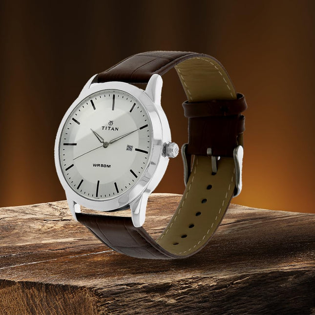 Titan Classic Silver Dial Analog with Date Leather Strap watch for Men-NS1584SL03 