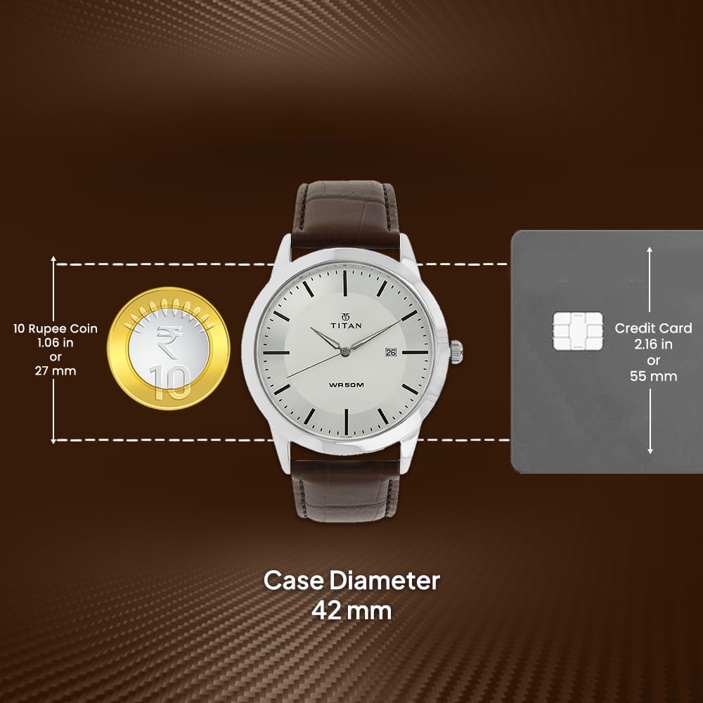 Titan Classic Silver Dial Analog with Date Leather Strap watch for Men-NS1584SL03 