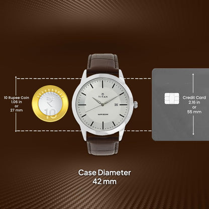 Titan Classic Silver Dial Analog with Date Leather Strap watch for Men-NS1584SL03 