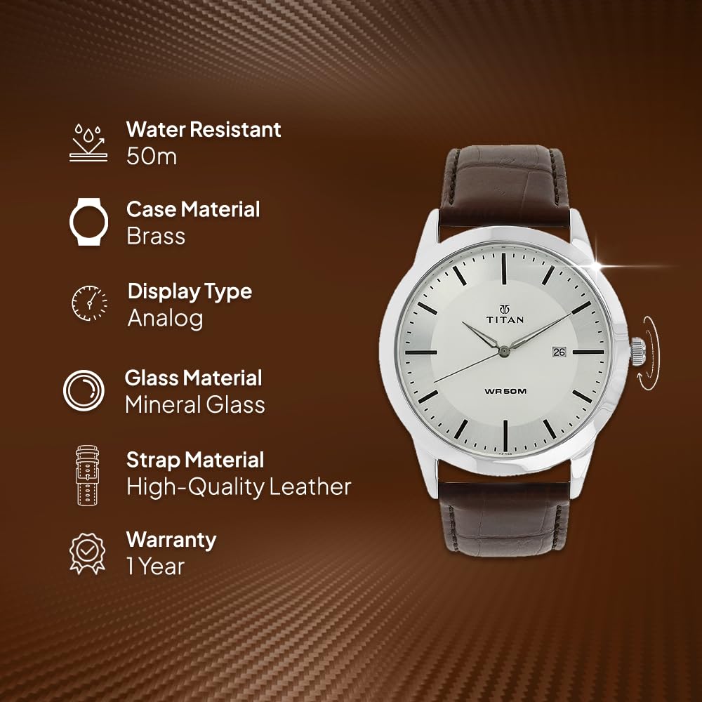 Titan Classic Silver Dial Analog with Date Leather Strap watch for Men-NS1584SL03 