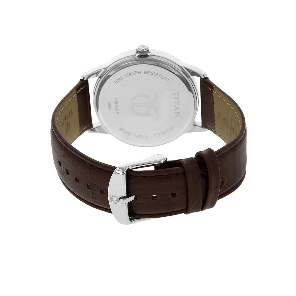 Titan Classic Silver Dial Analog with Date Leather Strap watch for Men-NS1584SL03 