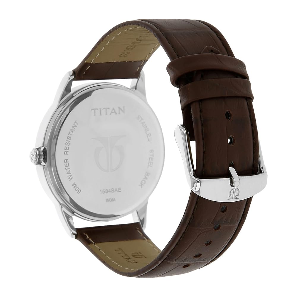 Titan Classic Silver Dial Analog with Date Leather Strap watch for Men-NS1584SL03 