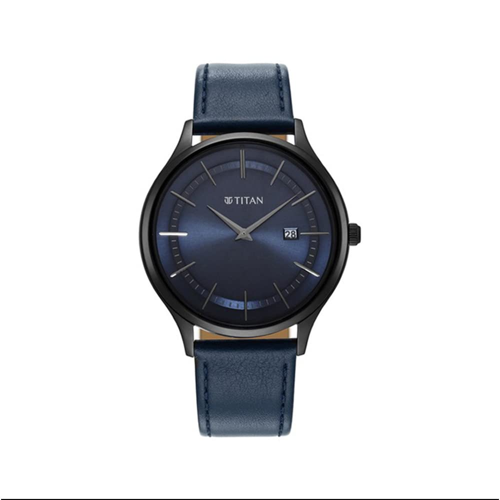 Titan Classique Slimline Blue Dial Analog with Date Leather Strap Watch for Men-NS90142NL01/NT90142NL01 