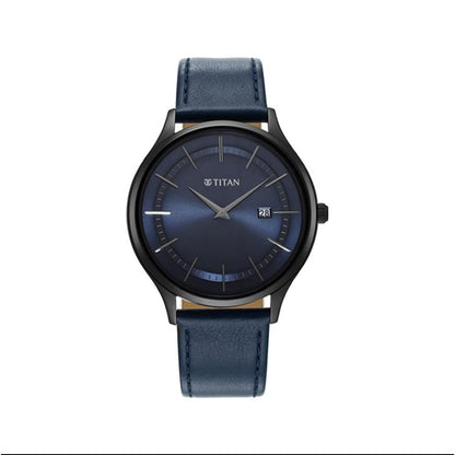 Titan Classique Slimline Blue Dial Analog with Date Leather Strap Watch for Men-NS90142NL01/NT90142NL01 