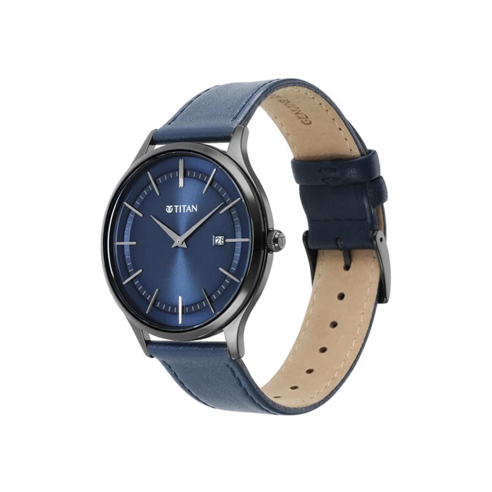 Titan Classique Slimline Blue Dial Analog with Date Leather Strap Watch for Men-NS90142NL01/NT90142NL01 