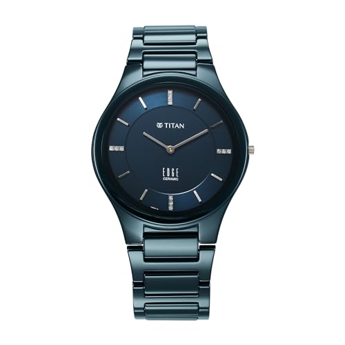 Titan Edge Ceramic Dress Watch Diamonds Quartz Blue Dial Blue Strap For Men 