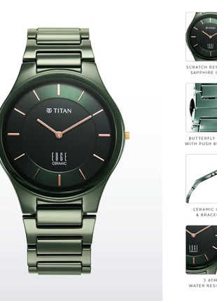 Titan Edge Ceramic Green Dial Analog Quartz Watch With Ceramic Strap For Men 