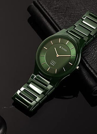Titan Edge Ceramic Green Dial Analog Quartz Watch With Ceramic Strap For Men 