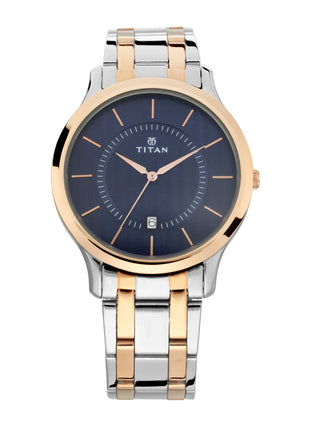 Titan Karishma analog blue dial men's watch, rose gold bezel, two-tone stainless steel band, 47.3mm, quartz.