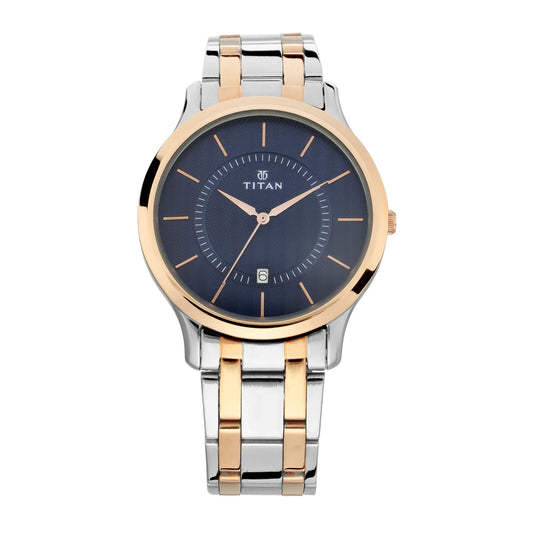 Titan Karishma analog blue dial men's watch, rose gold bezel, two-tone stainless steel band, 47.3mm, quartz.