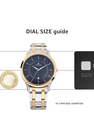 Titan Gents Karishma analog blue dial watch with rose gold stainless steel bracelet, 47.3mm case.