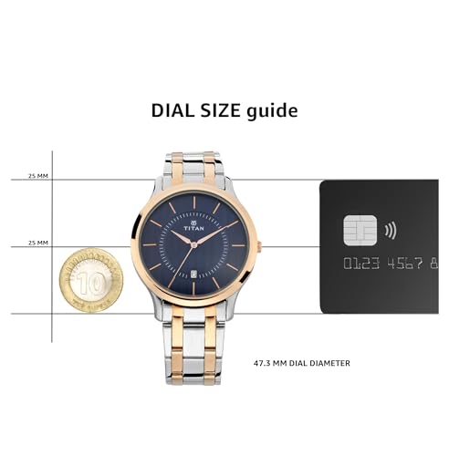 Titan Gents Karishma analog blue dial watch with rose gold stainless steel bracelet, 47.3mm case.