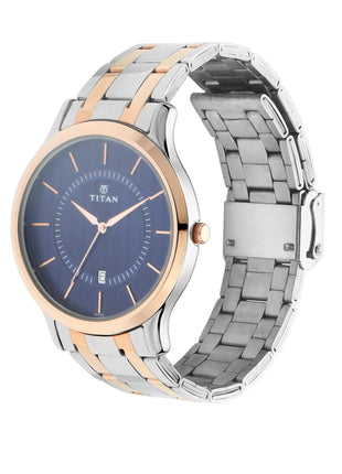 Titan Gents Karishma analog blue dial watch with rose gold bezel and two-tone stainless steel strap