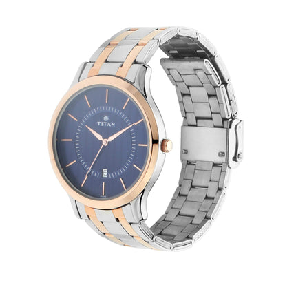 Titan Gents Karishma analog blue dial watch with rose gold bezel and two-tone stainless steel strap