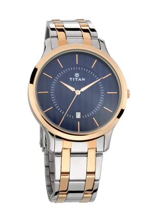 Titan Gents Karishma analog blue dial watch, rose gold & silver stainless steel band, 47.3mm brass case.