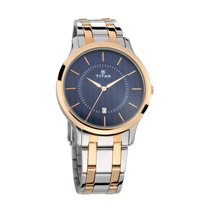 Titan Gents Karishma analog blue dial watch, rose gold & silver stainless steel band, 47.3mm brass case.