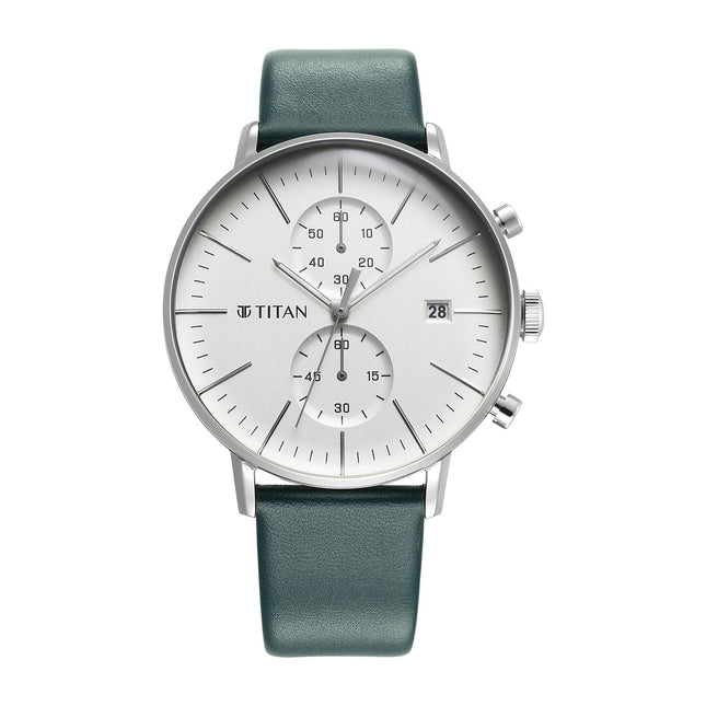 Titan Infinity Display Quartz Chronograph with Date Silver Dial Dark Teal Green Leather Strap Watch for Men - NT90146SL01 