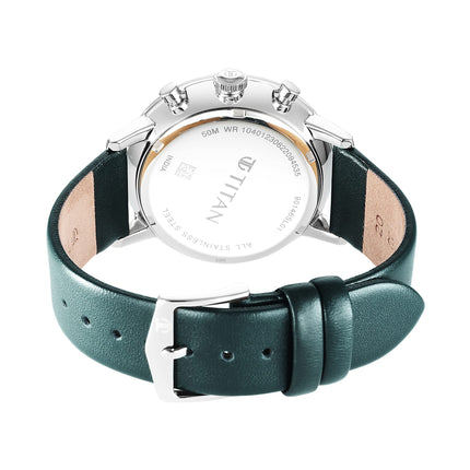 Titan Infinity Display Quartz Chronograph with Date Silver Dial Dark Teal Green Leather Strap Watch for Men - NT90146SL01 