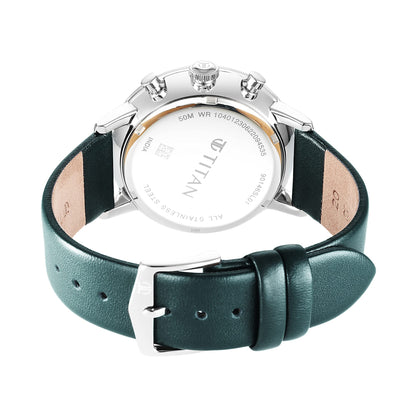 Titan Infinity Display Quartz Chronograph with Date Silver Dial Dark Teal Green Leather Strap Watch for Men - NT90146SL01 