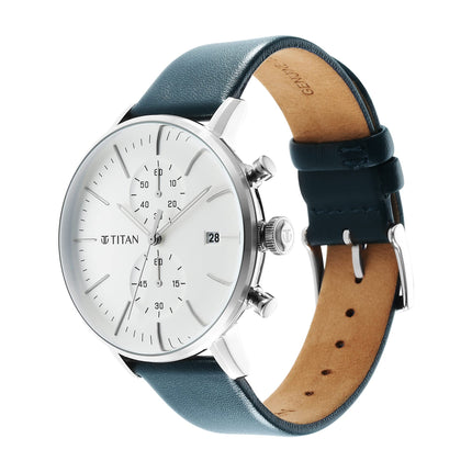 Titan Infinity Display Quartz Chronograph with Date Silver Dial Dark Teal Green Leather Strap Watch for Men - NT90146SL01 