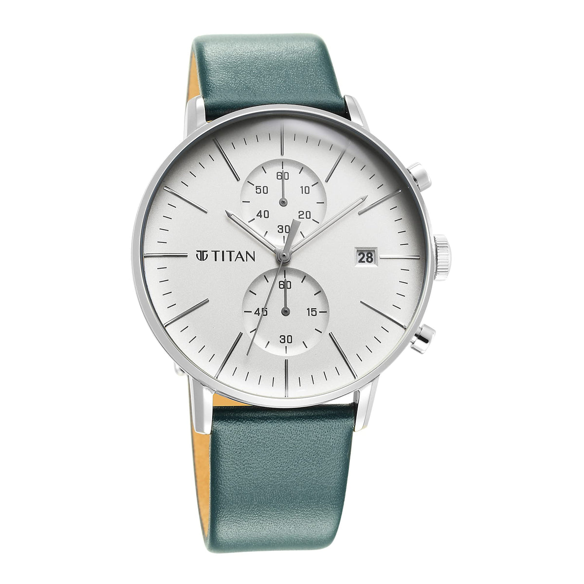 Titan Infinity Display Quartz Chronograph with Date Silver Dial Dark Teal Green Leather Strap Watch for Men - NT90146SL01 