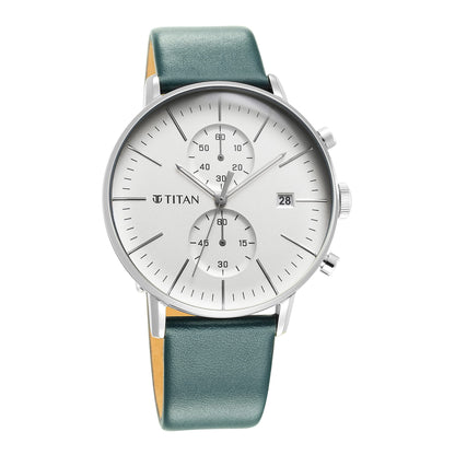 Titan Infinity Display Quartz Chronograph with Date Silver Dial Dark Teal Green Leather Strap Watch for Men - NT90146SL01 