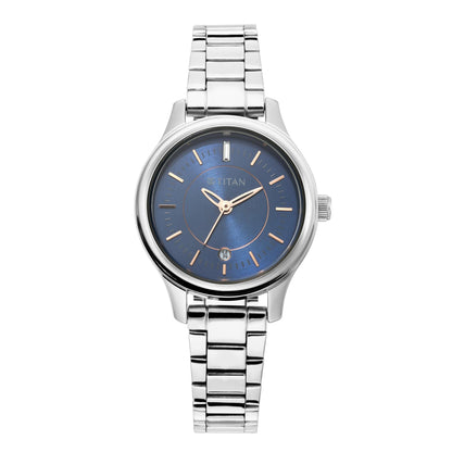 Titan Karishma Quartz Analog with Date Midnight Blue Dial Silver Metal Strap Watch for Women - NT2638SM01 