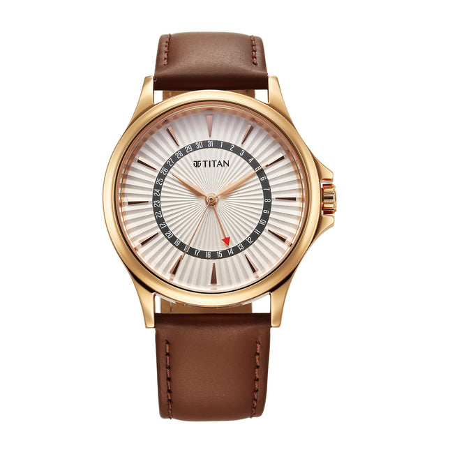 Titan Karishma Quartz Analog with Date Silver Dial Leather Strap Watch for Men 
