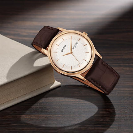 Titan Karishma Quartz Analog with Day and Date Silver Dial Leather Strap Watch for Men 