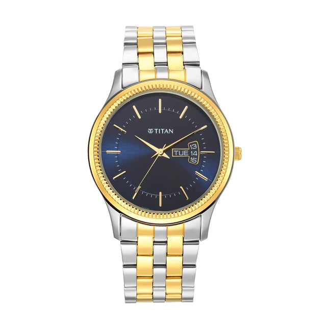 Titan Karishma Trendsetter Quartz Analog with Day & Date Midnight Blue Dial Two Toned Silver & Gold Stainless Steel Strap Watch for Men - NT1824BM03 