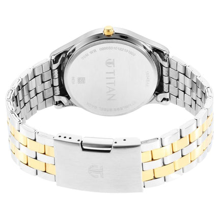 Titan Karishma Trendsetter Quartz Analog with Day & Date Midnight Blue Dial Two Toned Silver & Gold Stainless Steel Strap Watch for Men - NT1824BM03 