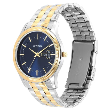 Titan Karishma Trendsetter Quartz Analog with Day & Date Midnight Blue Dial Two Toned Silver & Gold Stainless Steel Strap Watch for Men - NT1824BM03 