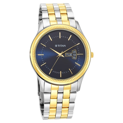 Titan Karishma Trendsetter Quartz Analog with Day & Date Midnight Blue Dial Two Toned Silver & Gold Stainless Steel Strap Watch for Men - NT1824BM03 